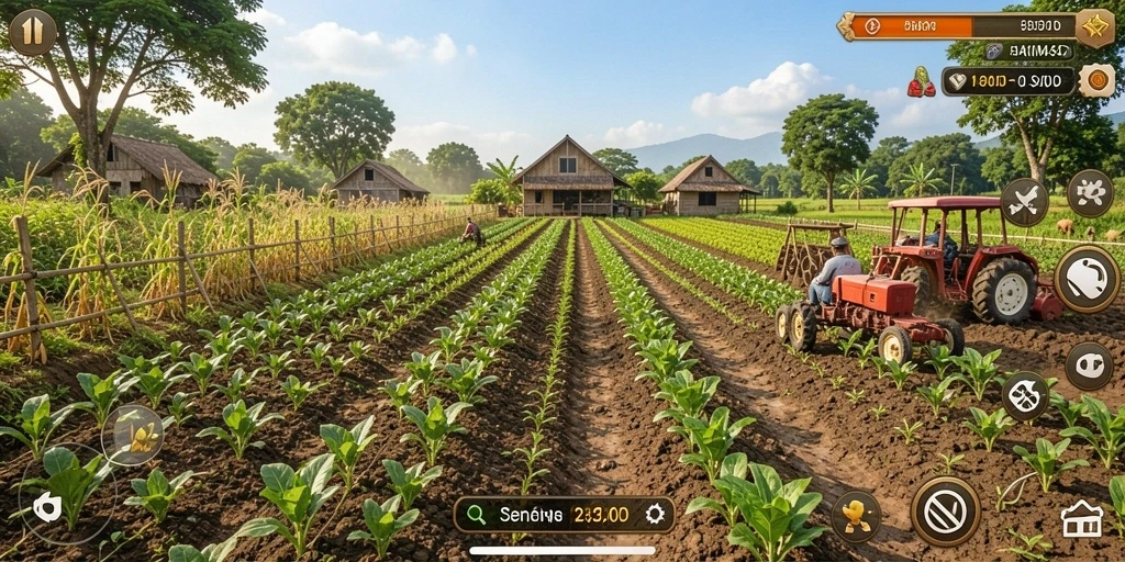 Screenshot gameplay HAKIM4D menampilkan aktivitas pertanian yang energik.