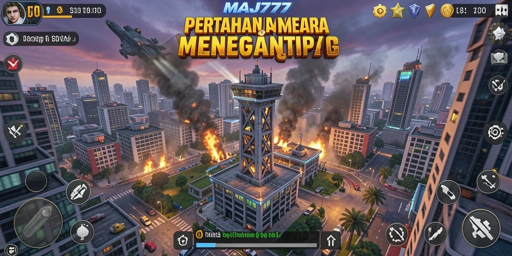 Screenshot gameplay MAJ777 menampilkan pertempuran Tower Defense yang intens.