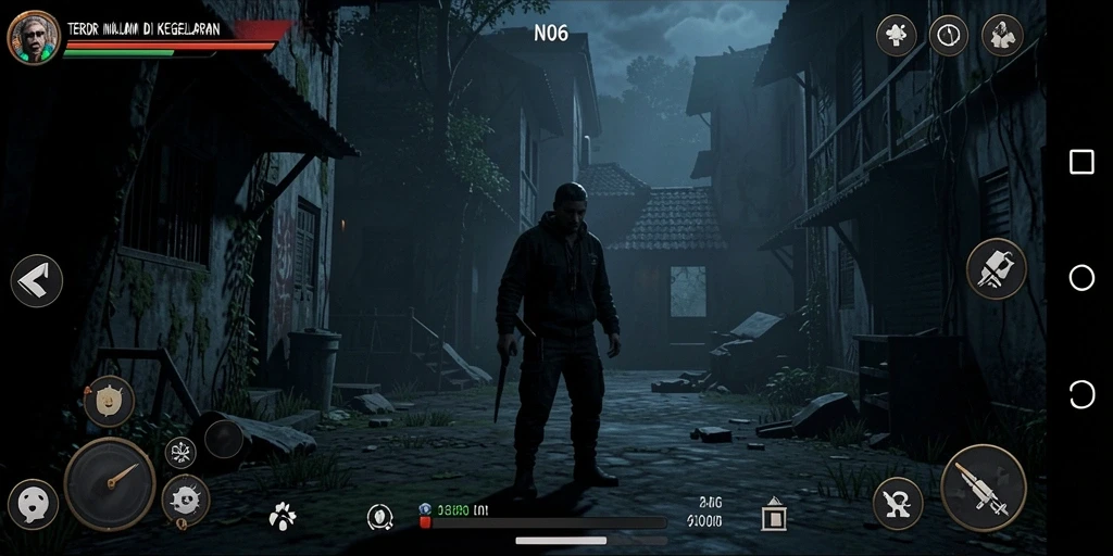 Screenshot gameplay N06 menampilkan suasana horor yang mencekam.
