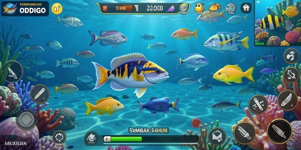 Screenshot gameplay ODDIGO menampilkan aksi Tembak Ikan yang seru.