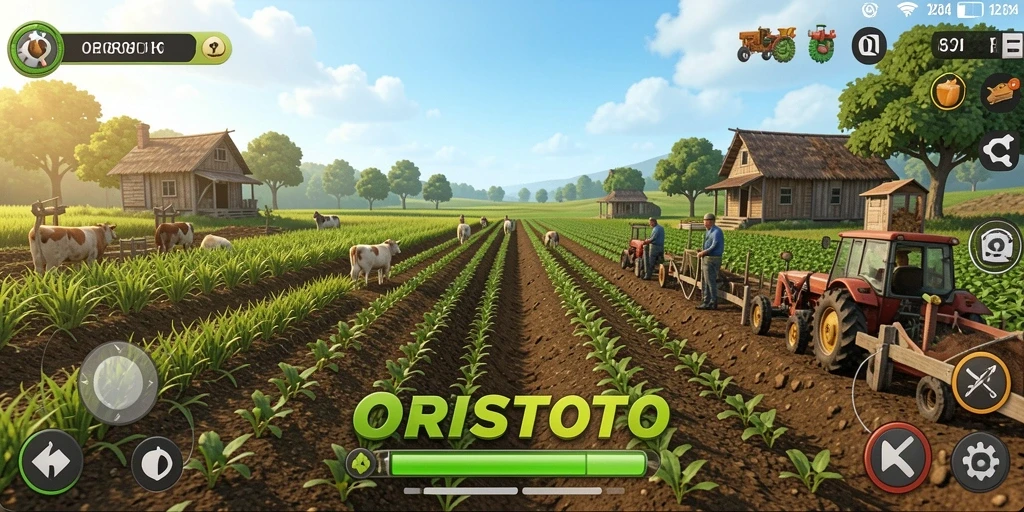 Tangkapan layar dari permainan ORISTOTO yang menunjukkan ladang hijau subur.