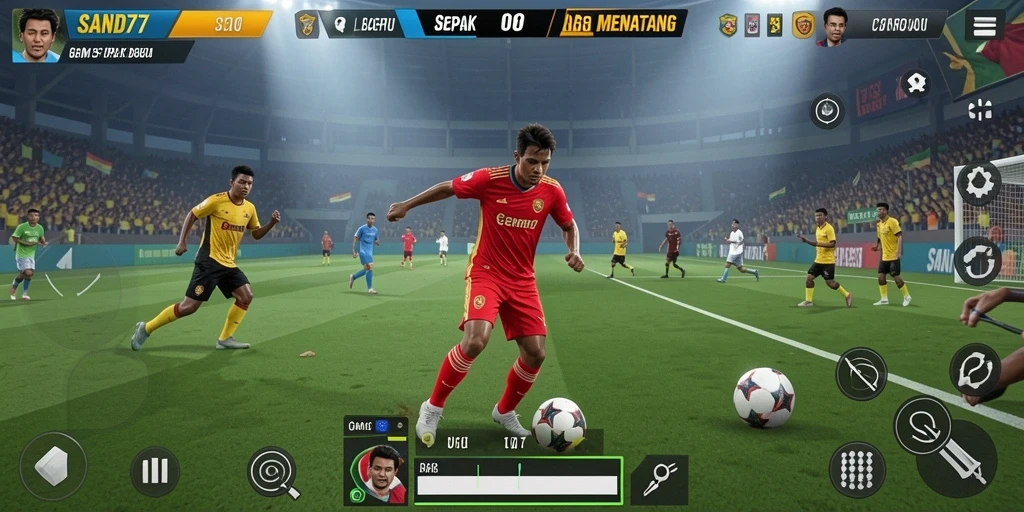 Gameplay SAND77 menampilkan aksi seru di lapangan sepak bola.