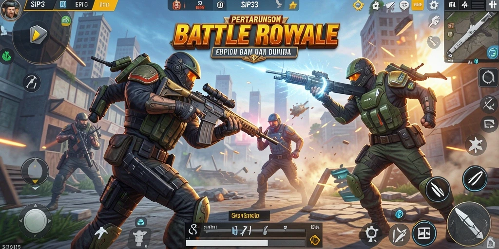 Gameplay menegangkan dalam pertarungan Battle Royale yang seru.